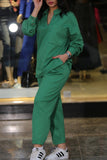 hulianfu Casual Solid Patchwork Turndown Collar Long Sleeve Two Pieces