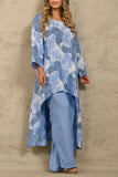 hulianfu Casual Floral Asymmetrical O Neck Long Sleeve Two Pieces