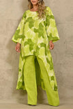 hulianfu Casual Floral Asymmetrical O Neck Long Sleeve Two Pieces