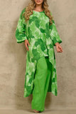 hulianfu Casual Floral Asymmetrical O Neck Long Sleeve Two Pieces