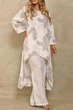 hulianfu Casual Floral Asymmetrical O Neck Long Sleeve Two Pieces