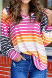 hulianfu Casual Striped Contrast V Neck Plus Size Tops