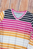 hulianfu Casual Striped Contrast V Neck Plus Size Tops