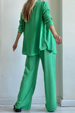 hulianfu Casual Solid Draw String Fold Turndown Collar Long Sleeve Three Pieces(Shirt vest trousers)