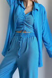 hulianfu Casual Solid Draw String Fold Turndown Collar Long Sleeve Three Pieces(Shirt vest trousers)