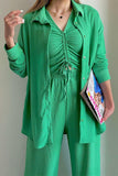 hulianfu Casual Solid Draw String Fold Turndown Collar Long Sleeve Three Pieces(Shirt vest trousers)