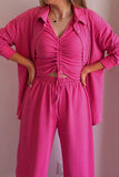 hulianfu Casual Solid Draw String Fold Turndown Collar Long Sleeve Three Pieces(Shirt vest trousers)