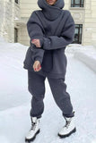 hulianfu Casual Solid Pocket Hooded Collar Long Sleeve Two Pieces