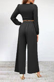 hulianfu Casual Simplicity Solid Fold V Neck Long Sleeve Two Pieces