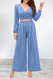 hulianfu Casual Simplicity Solid Fold V Neck Long Sleeve Two Pieces