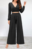 hulianfu Casual Simplicity Solid Fold V Neck Long Sleeve Two Pieces