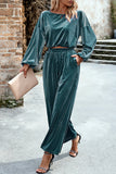 hulianfu Elegant Solid Pocket O Neck Long Sleeve Two Pieces