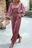 hulianfu Elegant Solid Pocket O Neck Long Sleeve Two Pieces