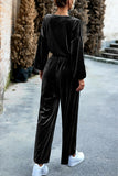 hulianfu Elegant Solid Pocket O Neck Long Sleeve Two Pieces