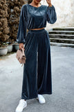 hulianfu Elegant Solid Pocket O Neck Long Sleeve Two Pieces