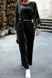 hulianfu Elegant Solid Pocket O Neck Long Sleeve Two Pieces