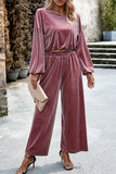 hulianfu Elegant Solid Pocket O Neck Long Sleeve Two Pieces