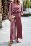 hulianfu Elegant Solid Pocket O Neck Long Sleeve Two Pieces