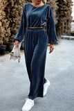 hulianfu Elegant Solid Pocket O Neck Long Sleeve Two Pieces