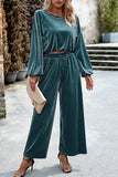 hulianfu Elegant Solid Pocket O Neck Long Sleeve Two Pieces