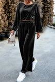 hulianfu Elegant Solid Pocket O Neck Long Sleeve Two Pieces