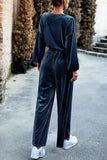 hulianfu Elegant Solid Pocket O Neck Long Sleeve Two Pieces