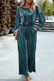 hulianfu Elegant Solid Pocket O Neck Long Sleeve Two Pieces