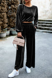 hulianfu Elegant Solid Pocket O Neck Long Sleeve Two Pieces