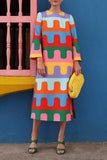 hulianfu Sweet Cute Geometric Print Contrast O Neck A Line Dresses