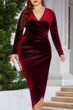 hulianfu Casual Solid Patchwork V Neck Long Sleeve Plus Size Dresses