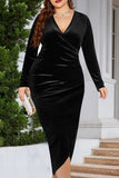 hulianfu Casual Solid Patchwork V Neck Long Sleeve Plus Size Dresses