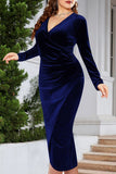 hulianfu Casual Solid Patchwork V Neck Long Sleeve Plus Size Dresses