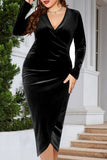 hulianfu Casual Solid Patchwork V Neck Long Sleeve Plus Size Dresses