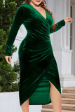 hulianfu Casual Solid Patchwork V Neck Long Sleeve Plus Size Dresses