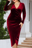 hulianfu Casual Solid Patchwork V Neck Long Sleeve Plus Size Dresses
