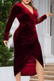 hulianfu Casual Solid Patchwork V Neck Long Sleeve Plus Size Dresses