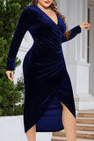 hulianfu Casual Solid Patchwork V Neck Long Sleeve Plus Size Dresses