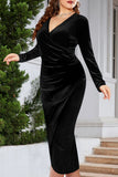 hulianfu Casual Solid Patchwork V Neck Long Sleeve Plus Size Dresses