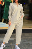 hulianfu Casual Solid Patchwork Turndown Collar Long Sleeve Two Pieces