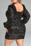 hulianfu Casual Patchwork Sequins V Neck Long Sleeve Plus Size Dresses