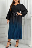 hulianfu Casual Gradual Change Print Pleated V Neck Long Sleeve Plus Size Dresses