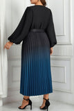 hulianfu Casual Gradual Change Print Pleated V Neck Long Sleeve Plus Size Dresses