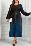 hulianfu Casual Gradual Change Print Pleated V Neck Long Sleeve Plus Size Dresses