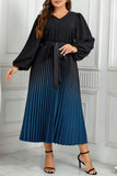 hulianfu Casual Gradual Change Print Pleated V Neck Long Sleeve Plus Size Dresses
