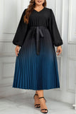 hulianfu Casual Gradual Change Print Pleated V Neck Long Sleeve Plus Size Dresses