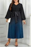 hulianfu Casual Gradual Change Print Pleated V Neck Long Sleeve Plus Size Dresses