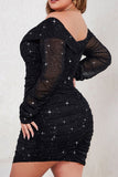 hulianfu Sexy Casual Solid Fold V Neck Long Sleeve Plus Size Dresses