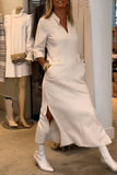 hulianfu Elegant Simplicity Solid Pocket Turndown Collar One Step Skirt Dresses(3 Colors)