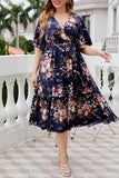 hulianfu Casual Print Frenulum V Neck A Line Plus Size Dresses