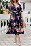 hulianfu Casual Print Frenulum V Neck A Line Plus Size Dresses